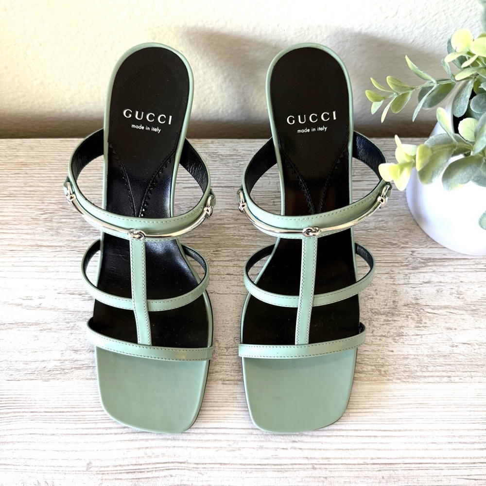 New Gucci Horsebit leather mules heeled sandals, green, size 38.5, US 8.5 - Picture 5 of 9